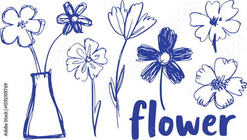 Hand drawn illustration of blue flowers in a vase and text on white