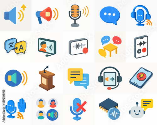 Flat Style Communication and Sound Icon Collection in Modern Design