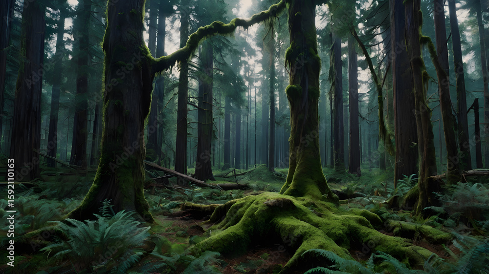 Fototapeta premium Ancient Forest Transforming into a Digital World Through Time Distortion