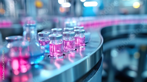 Wallpaper Mural Medical vials on conveyor belt: A collection of medical vials filled with vibrant pink liquid moves along a conveyor belt, emphasizing innovation and pharmaceutical advancement. Torontodigital.ca