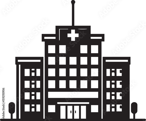 Modern Hospital Building with Ambulances and Trees Vector Illustration