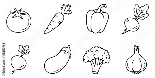 Hand drawn outlined vegetables tomato carrot bell pepper radish eggplant broccoli garlic