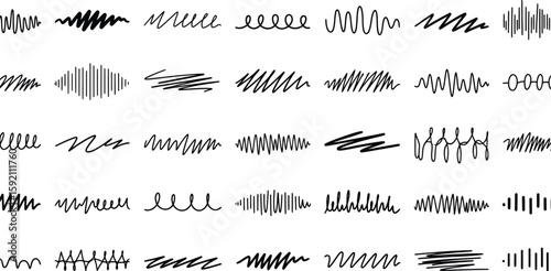 Black lines on white create a dynamic collection of abstract doodles and scribble elements for creative designs.