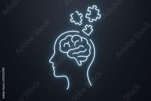Neon outline of human head with illuminated brain and puzzle pieces representing thinking.