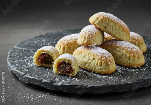 Dark stone slab dotted with date maamoul and powdered sugar, softly glowing under side‑lighting that reveals every crack.