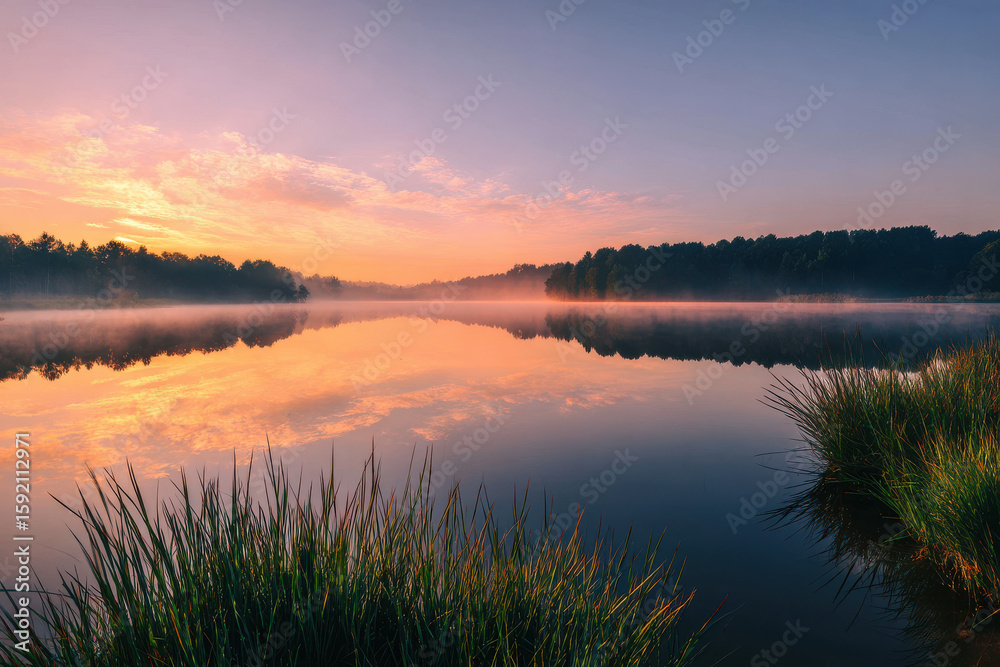 Obraz premium serene summer dawn unfolds over tranquil lake with soft hues of orange and pink gently illuminating horizon