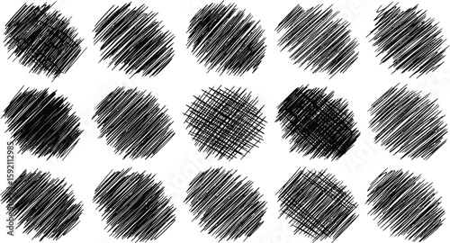 Fifteen black hatched shapes create a textured design element, perfect for graphic design projects and artistic compositions.