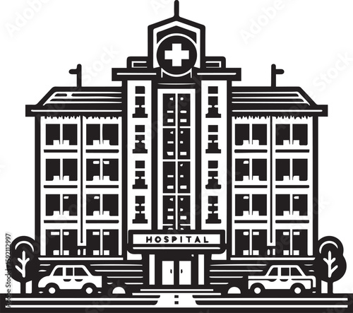 Modern Hospital Building with Ambulances and Trees Vector Illustration