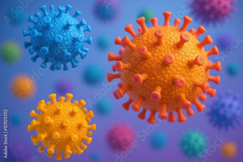 Detailed close-up of colorful virus particles representing virus infection and transmission.