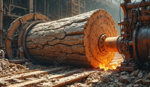 A large wooden log being processed by heavy industrial machinery in a factory setting outdoors