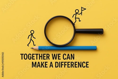 Man Holding Flag Leading Small Group in Magnifying Glass with Blue Pen Concept.