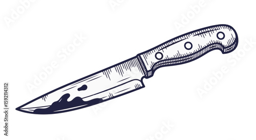 Bloody knife illustration with sharp blade and dark stain, a grim scene. Bloody knife, detailed with its handle and blade, creates suspense.