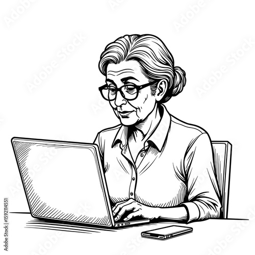 Elderly woman using laptop – Senior online learning, digital connection