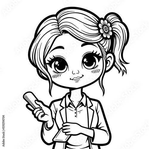 Female finance analyst holding smartphone – Corporate workplace professional, financial services