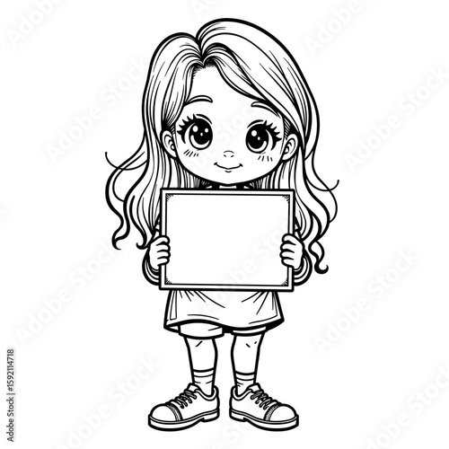 Girl holding blank sign, joyful expression – children's art, creativity