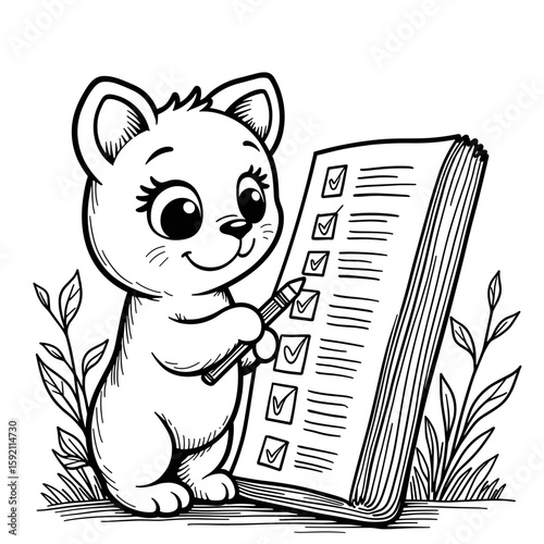 Cute cartoon animal checking inventory list – fun, organizational theme