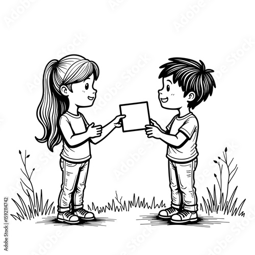 Children exchanging paper drawing – Friendship and sharing concept, outdoor play