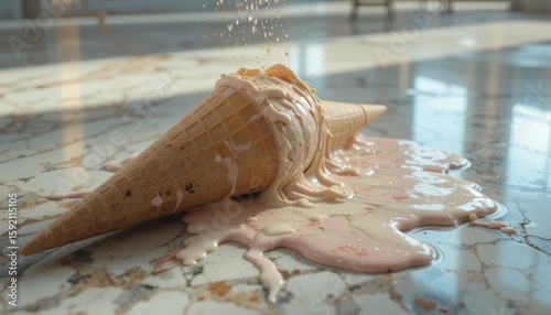 A dropped ice cream cone with melting ice cream on a marble floor in a brightly lit room setting