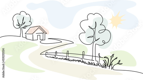 Rural landscape. Village with road and house. Wooden fence along the road.