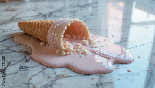 A spilled pink ice cream cone lying on its side on a marble patterned surface with melted ice cream