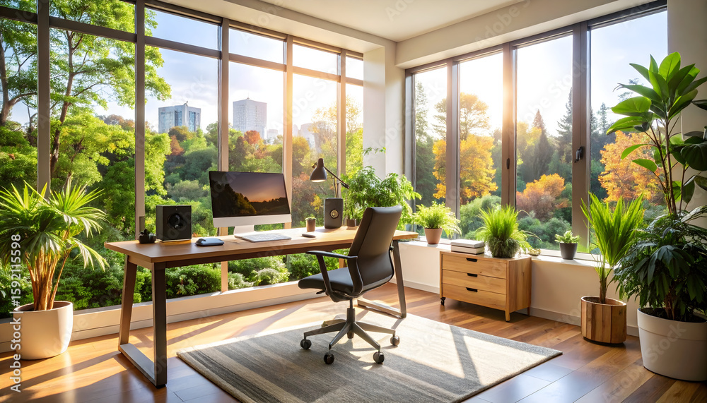 Sunlit Modern Home Office with Greenery and City View Sunlit Modern Home Office with Greenery and City View