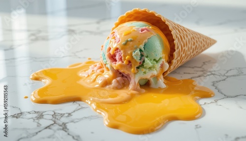 A melting ice cream cone with colorful scoops and orange sauce on a marble surface in bright light