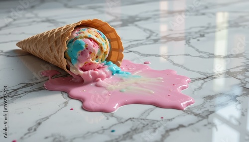 A fallen ice cream cone with melting pink and blue ice cream on a marble patterned surface close up view
