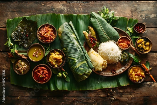 Assamese Thali Traditional Cuisine Served on Banana Leaf with Wooden Bowls on Rustic Table