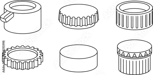 Set of Six Different Style Caps Lids Covers or Stoppers Line Art