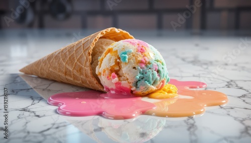 A colorful ice cream cone fallen on a marble surface with melting ice cream creating a puddle