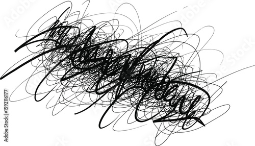Abstract scribble art features a chaotic tangle of black lines, creating a dynamic and complex design element.