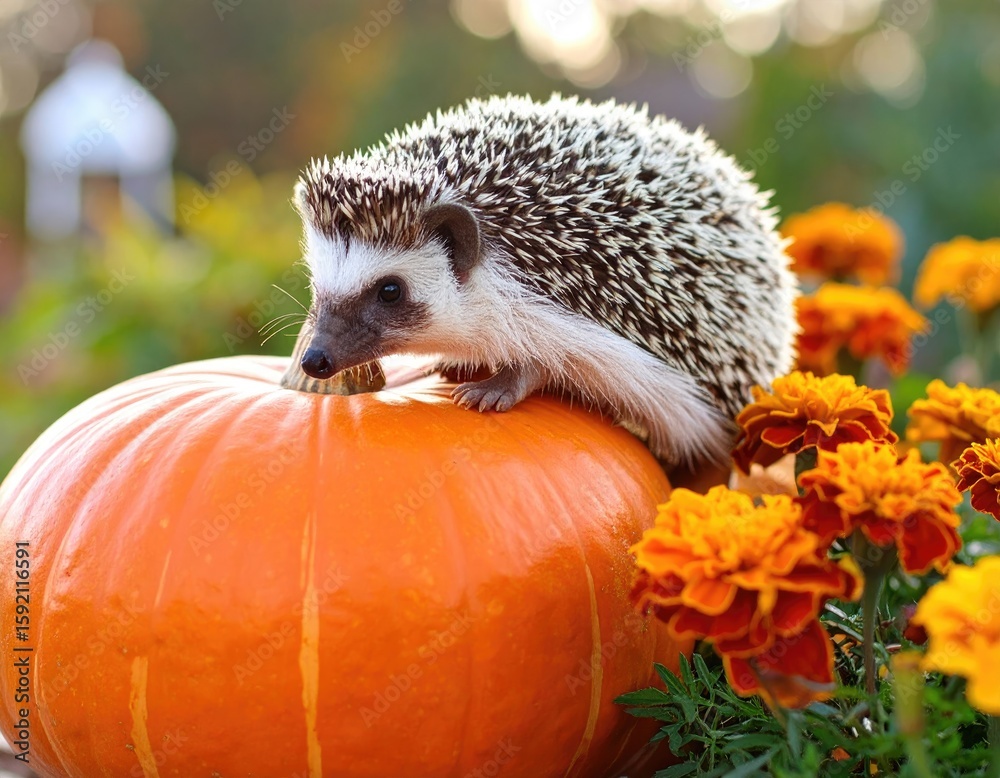 Fototapeta premium Hedgehog on a pumpkin amongst marigolds