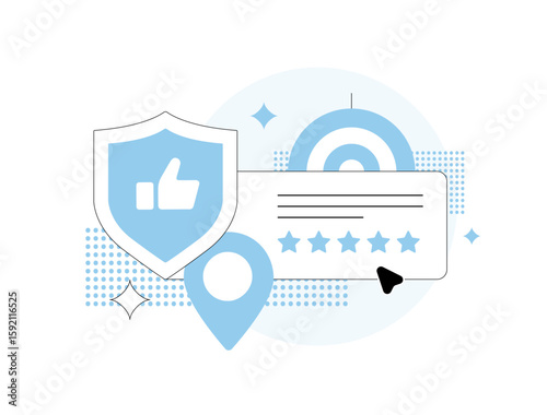 Online reputation management with customer review system, local brand reputation, rating stars feedback. Reputation monitoring, online reputation management concept. Modern flat vector illustration