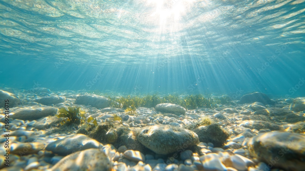 Fototapeta premium Underwater Sunlight: Sunlight streams through the water's surface, illuminating the seabed with dancing light, capturing the mysteries and beauty of the underwater world. 