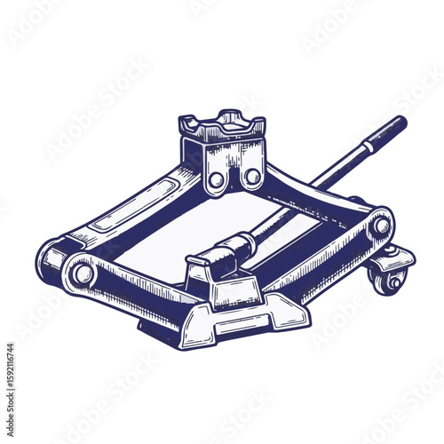 Car jack isolated on transparent background in detailed sketch illustration. Vintage car jack and lifting mechanism is drawn with precision.
