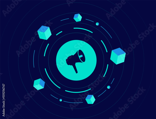 Blockchain marketing improves transparency in advertising and boosts trust through secure crypto ad tracking. Blockchain marketing reduces fraud in digital campaigns. Modern vector illustration