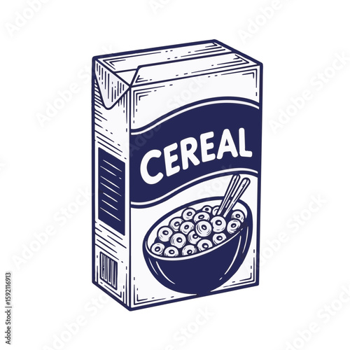 Cereal box with vintage engraving and sketch texture in blue, cereal box on a transparent background. Presenting cereal box for breakfast advertisement or branding, adding nostalgic charm,