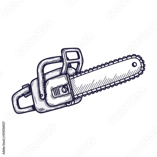 Chainsaw hand drawn sketch illustration, showing portable, mechanical saw used in cutting tree branches, trees, or wood. Chainsaw equipment drawing for forestry or construction themes.