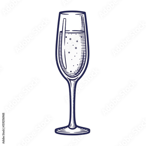 Champagne glass sketch on transparent background shows elegant stemware filled with bubbly liquid. Champagne glass design emphasizes celebratory mood, with hand drawn details and refined shape.