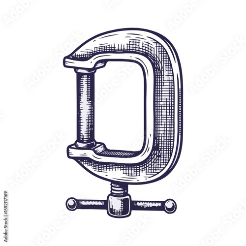 Illustration of a clamp, hand drawn clamp for woodworking and construction. This detailed clamp illustration showcases its screw mechanism and sturdy design.