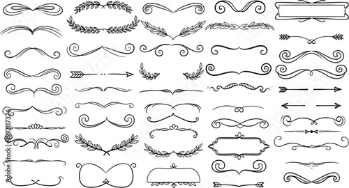 Elegant flourish design elements showcase decorative dividers and borders for invitations and graphic design projects with transparent background.