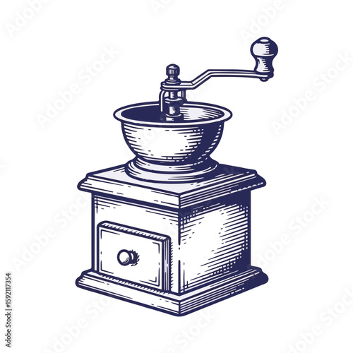 Classic coffee grinder illustration shows detailed hand drawn burr mill in monochrome line art. Coffee grinder with handle and drawer exhibits artisanal design, transparent background on blank layout.
