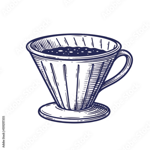Hand-drawn coffee filter with dark brewed coffee inside for your hot beverage needs. Coffee filter illustration in doodle style for your menu design, representing a coffee filter.