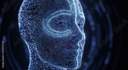 Digital human face with circuit board texture, artificial intelligence concept.