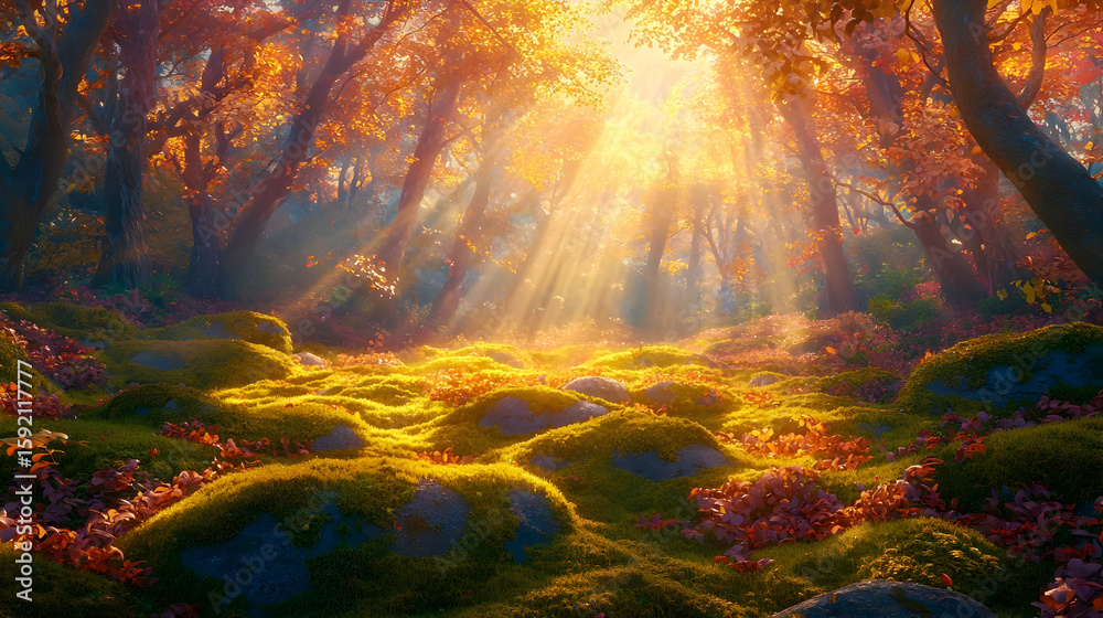 Obraz premium Sunlight streams through autumn forest, illuminating mossy ground strewn with fallen leaves. Sunlight beams through canopy, creating a magical, vibrant forest floor