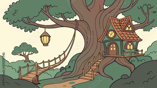 Enchanted treehouse nestled in a whimsical forest, with a suspension bridge.