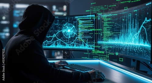 Anonymous hacker in a hoodie working on computer with data analysis interface.