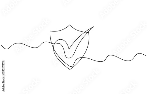 Security shield with check mark of one continuous line drawn, Shield drawn in one line. Safety and anti-virus protection concept. Vector illustration editable outline