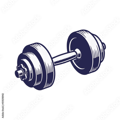 Isolated dumbbell illustration, weight training design on white transparent background. Dumbbell for strength and fitness, a single dumbbell is drawn in retro style for gyms.