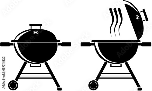 Silhouette of a Barbecue, closed and open with food cooking, design element isolated on a transparent background
